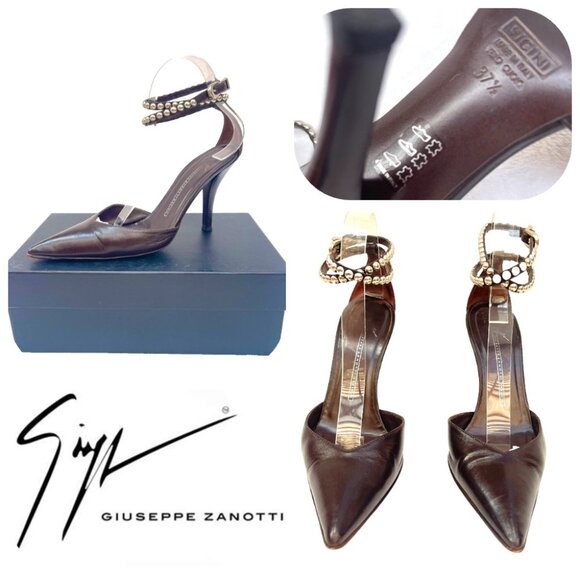 Giuseppe Zanotti Napa leather Studded ankle strap dark Chocolate heelsb7,5 - Picture 1 of 11